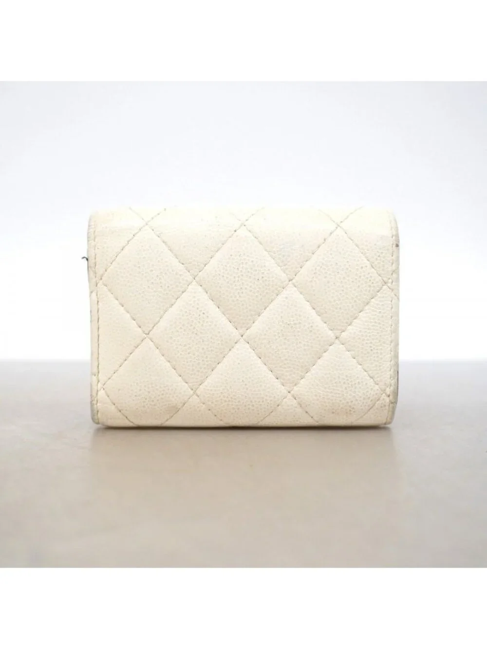Chanel Trifold Wallet Quilted Caviar Leather White Silver